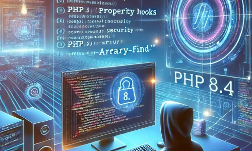 DALL·E 2025-02-12 14.28.12 - A modern digital illustration showcasing PHP 8.4 features. The image includes a futuristic coding environment with glowing blue and purple hues. A dev